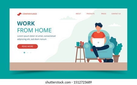 Freelance work - man with laptop on the chair. Landing page template. Cute vector illustration in flat style.