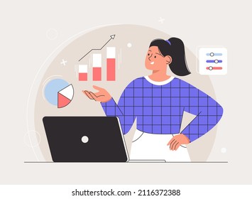 Freelance work metaphors, website maintenance and development. Remote job, freelancer women work on laptop. Web design, programming and coding idea, infographic icon and finance diagram.