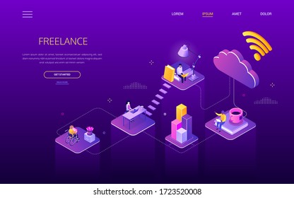 Freelance work - modern isometric vector web banner with copy space for text. High quality composition with male, female employees with different abilities working online from home at computers