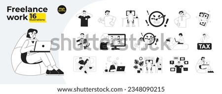 Freelance work monochrome concept vector spot illustrations bundle. Hardworking and frustrated 2D flat bw cartoon characters for web UI design. Isolated editable hand drawn hero image collection