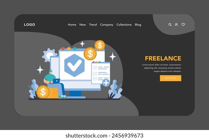Freelance Work night or dark mode web or landing page. Navigating the gig economy with skill and independence. Digital nomads creating success through online project management. Vector illustration.
