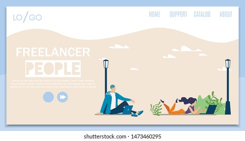 Freelance Work Offers Searching Online Service Flat Vector Web Banner, Landing Page Template. Young Man Sitting, Woman Lying on Grass in City Park, Freelancers Working Online with Laptop Illustration