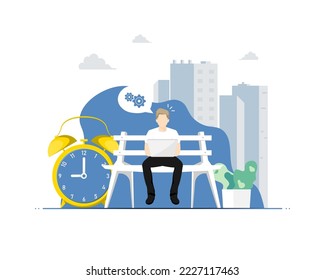 freelance work offsite concept, Human sitting on chair with laptop, Digital marketing illustration.