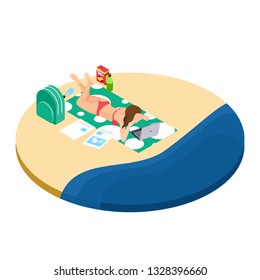 Freelance work on the beach isometric concept - girl with laptop, drinks and documents works in travel