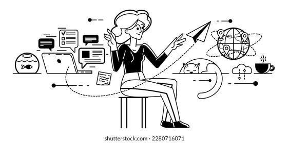 Freelance work on internet, young person freelancer doing some online job and messaging and chatting, self-employed creative worker.