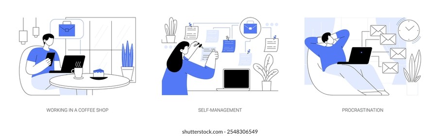 Freelance work organization isolated cartoon vector illustrations set. Working in a coffee shop, self-management of freelancers workers, procrastination and time management problems vector cartoon.