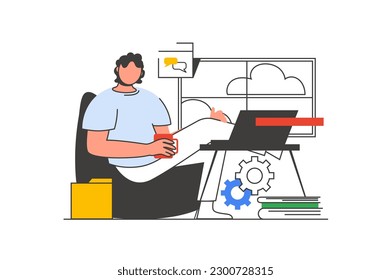 Freelance work outline web concept with character scene. Man doing tasks at laptop and connecting online. People situation in flat line design. Vector illustration for social media marketing material.