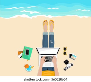 Freelance. Work Outside. Stylish Girl Typing On Laptop On The Beach. Top View. Freelancer's Desktop With Notebook, Credit Cards,  Camera, Glasses. Work And Rest. Hand Drawn Vector Flat Illustration