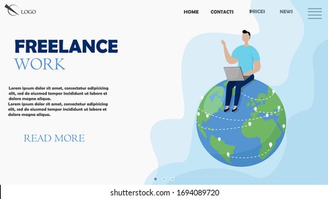 Freelance work page template. Lending page cover. Man working with laptop, sitting on the planet Earth. Global, international work concept. Illustration for freelancing, remote work, business.