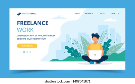 Freelance work page template. Man working with laptop in the park. Illustration for freelancing, remote work, business. Vector illustration in flat style