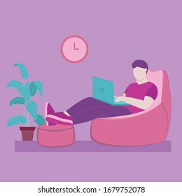 Freelance work page template.  Man working with laptop at home. Illustration for freelancing, remote work, business, online learning. Vector illustration