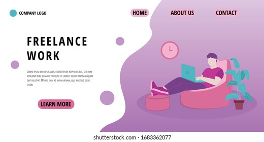 Freelance work page template.  Man working with laptop at home. Illustration for freelancing, remote work, business, online learning. Vector illustration