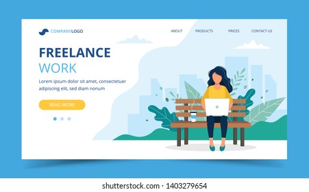 Freelance work page template. Woman working with laptop in the park. Illustration for freelancing, remote work, business. Vector illustration in flat style