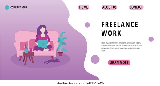 Freelance work page template.  Woman working with laptop at home. Illustration for freelancing, remote work, business, online learning. Vector illustration