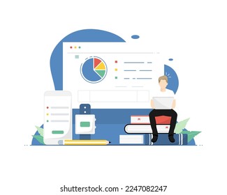 Concepto de planificación de trabajo independiente, portátil de mecanografía de sentados humanos con pantalla de plan de análisis, ilustración de marketing digital.