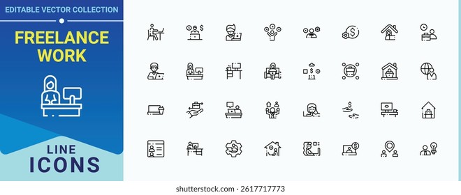 Freelance Work related icon set. Related to business, remote working, freelancer, outsource, work. Freelancing linear icon collection. Thin UI icons. Editable vector. Pixel perfect.