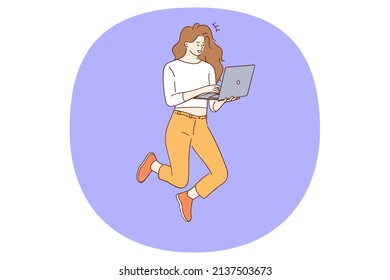 Freelance work and remote work concept. Smiling young woman jumping holding laptop in hands working as freelancer having remote job vector illustration 