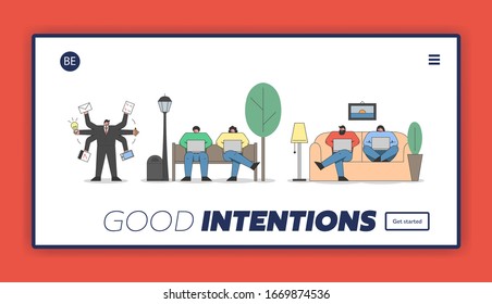 Freelance Work And Self-Employment Concept. Website Landing Page. Businessmen Work Remotely Doing Multiple Tasks Holding Gadgets in Arms. Cartoon Outline Linear Flat Vector Illustration