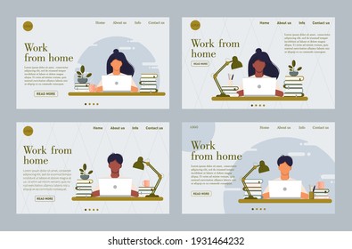 Freiberufliche Tätigkeit. Eine Reihe von Websites. Kundenservice-Chat und Arbeit von zu Hause aus. Männer und Mädchen am Computer. Arbeiten Sie von zu Hause Konzept. Seitenvorlage für die Landung. Vektorgrafik.