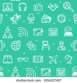 Freelance Work Signs Seamless Pattern Background for Web and App Design Include of Research Magnifier and Planet. Vector illustration