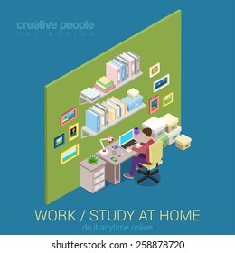 Freelance, work and study at home workplace flat 3d web isometric infographic concept vector. Young male student teenager working learning with laptop desk table interior. Creative people collection.