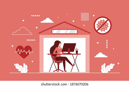 Freelance work, study online during coronavirus epidemic quarantine concept vector illustration. Cartoon woman freelancer entrepreneur character sitting at home office workplace with laptop background