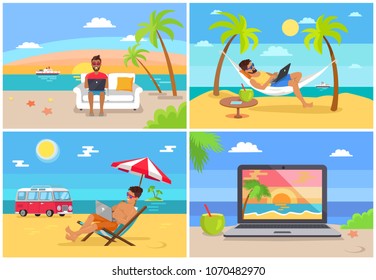 Freelance work and summer rest on sunny sea side vector illustration with working on beach freelancers and image of laptop with beautiful landscape