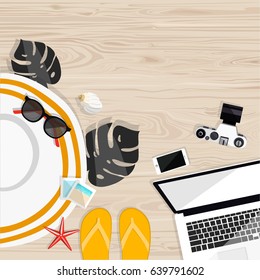 freelance, work and travel concept,  background flat lay.  sunglasses hat shoes laptop phone camera on wooden table. Photographer's planning summer holiday. Vector illustration.