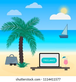 Freelance work vector illustration in flat style. Laptop and glass of cocktail under palm tree on tropical beach. Distant job concept. Working on holidays. 