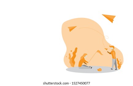 freelance work vector illustration, flat design on white background, paper rocket, character or freelancer, woman sitting on shadow