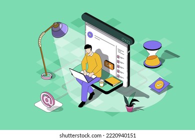 Freelance work web concept in 3d isometric design. Man working on laptop and making tasks remotely, connecting with colleagues online from home. Vector web illustration with people isometry scene