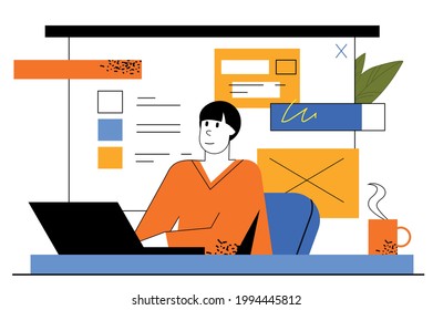 Freelance work web concept. Freelancer works on laptop in home office. Remote employee performs work tasks online. Comfortable workplace. Vector illustration for web page template in flat line design