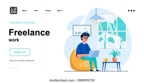 Freelance work web concept. Man working on laptop from home office, freelancer or remote worker. Template of people scenes. Vector illustration with character activities in flat design for website