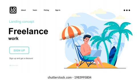 Freelance work web concept. Man working on laptop from sea resort, freelancer relaxing at beach. Template of people scenes. Vector illustration with character activities in flat design for website