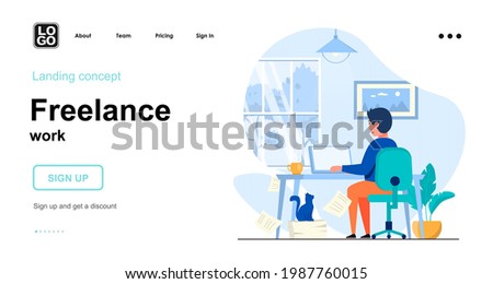 Freelance work web concept. Man freelancer or remote worker works on computer from home office. Template of people scene. Vector illustration with character activities in flat design for website