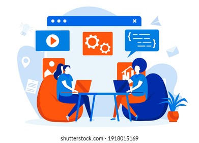 Concepto web de trabajo independiente con personajes de personas. Autónomos trabajando con laptops en el espacio de coworking, diseño de trabajo remoto de estilo plano. Ilustración vectorial para materiales promocionales de medios sociales.
