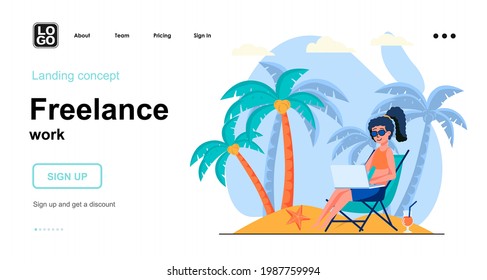 Freelance work web concept. Woman freelancer working on laptop relaxing on beach. Remote worker. Template of people scene. Vector illustration with character activities in flat design for website