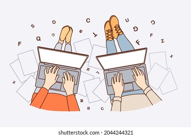 Freelance Work And Writing Online Concept. Hands Of People Freelancers Sitting Working On Laptops Writing Texts Articles Blogging Vector Illustration