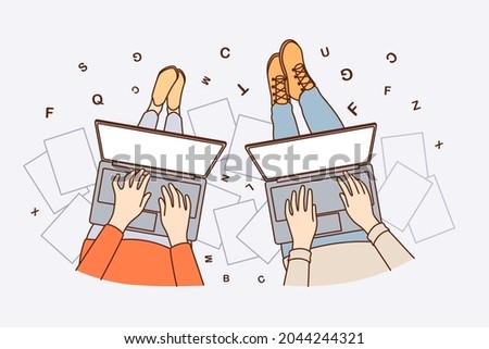 Freelance work and writing online concept. Hands of people freelancers sitting working on laptops writing texts articles blogging vector illustration