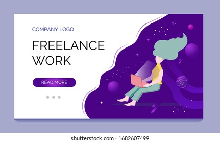 Freelance work. A young woman with laptop hovers in space. Vector illustration for landing page.