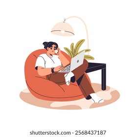 Freelance worker communicates by phone call, works in computer. Student studies online with laptop. Girl in bean bag is in distance education, home office. Flat isolated vector illustration on white