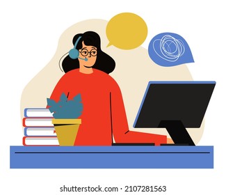 Freelance worker at the computer. The girl is a remote worker, a call center employee. Online work from home