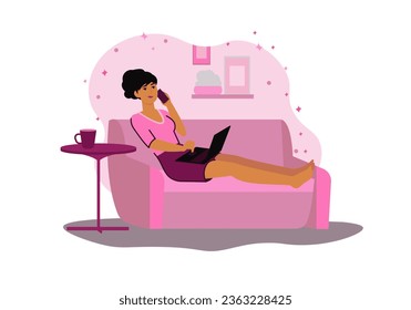 Freelance worker concept with people scene in the flat cartoon style. The girl works as a freelancer staying at home in a comfortable environment. Vector illustration.