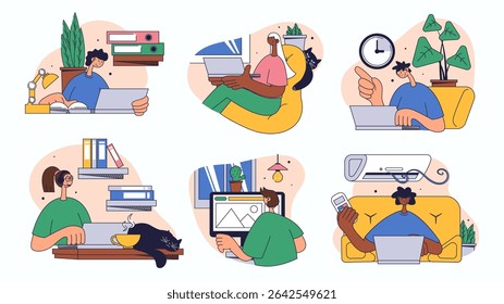 Conjunto de conceitos de trabalho freelance para design da Web. Coleção com pessoas que trabalham à distância em laptops, conectando-se on-line, realizam tarefas em casa, mais. Ilustração de vetor plano isolada em fundo branco.