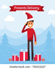 Freelance Worker Delivery Guy is Calling Customer over the Smartphone. Handsome Man Brings Presents. Winter Landscape with Xmas Gifts and a Young Adult in Christmas Hat Vector Art Design Illustration
