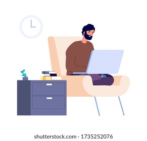 Freelance worker. Distance work, man stay home. Isolation or quarantine period. Flat guy chatting, shopping online or surfing internet vector illustration