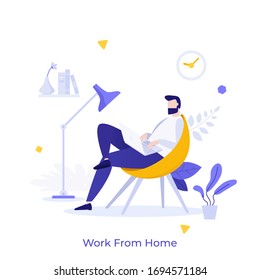 Freelance worker or employee sitting in comfortable armchair with laptop computer and working. Concept of home office or workplace, remote work during self-isolation. Modern flat vector illustration.