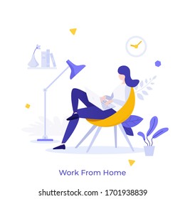 Freelance worker or employee sitting in comfortable armchair with laptop computer and working. Concept of home office or workplace, remote work during self-isolation. Modern flat vector illustration.