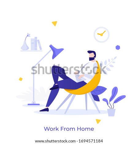 Freelance worker or employee sitting in comfortable armchair with laptop computer and working. Concept of home office or workplace, remote work during self-isolation. Modern flat vector illustration.