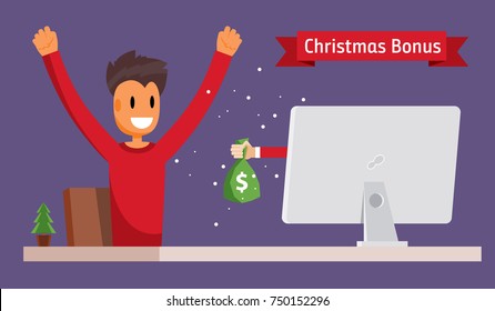 Freelance Worker Is Getting Paid Online. Christmas Bonus Wage. Young Man Gets A Present. Internet Casino Gambling Game Winner Gets XMas Bag Of Money With Dollar Sign Vector Art Design Illustration